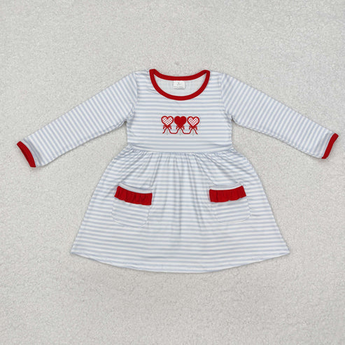 GLD0884 Baby Girls Valentines Embroidery Hearts Grey Stripes Knee Length Dress