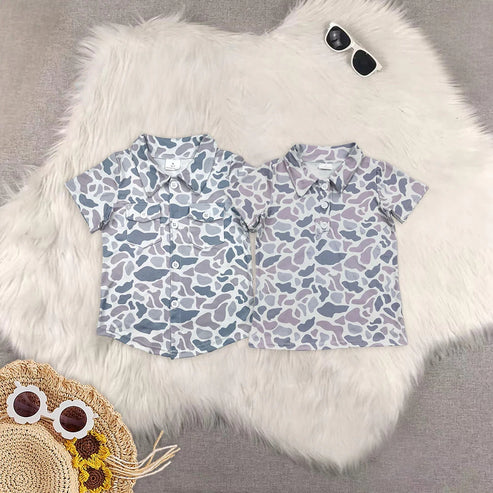 5.21 Sibling Baby Boys Gray Camo Short Sleeves Button Pockets Shirts Pullovers Tops