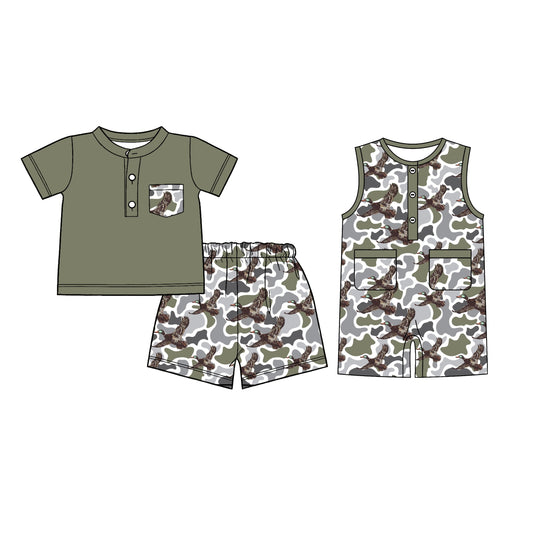 26.1.6 Custom MOQ:3 or 5 pcs each design milk silk Sibling baby boy clothes camouflage duck short sleeve shorts sets and romper