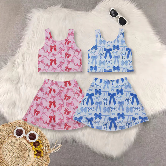 9.4 Sibling Baby Girls Sleeveless Blue Pink Bows Vest Top Yoga Athletic Skorts Sets