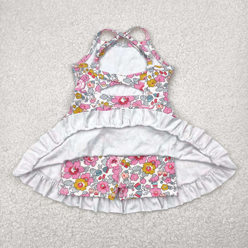 4.29 GSD2278 Baby Girls Pink Strap Floral Yoga Ruffle Knee Length Dress