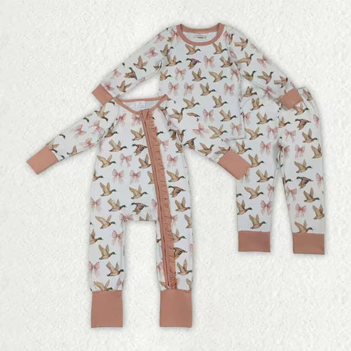10.31 Sibling Baby Girls Pink Bows Ducks Plaid Top Pants Pajamas Sets Ruffle Zipper Footie Rompers