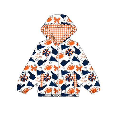 10.15 Custom Moq 8 Baby Girls Orange Navy Football Team Zipper Bows Hoodies Tops