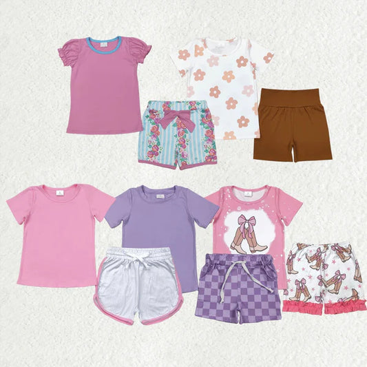 5.27 Sibling Baby Girls Short Sleeve Flowers Boot Tops Biking Ruffle Shorts Clothes Sets
