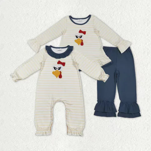 10.31 Sibling Baby Girls Stripe Embroidery Turkey Tunic Ruffle Pants Thanksgiving Set Footie Rompers