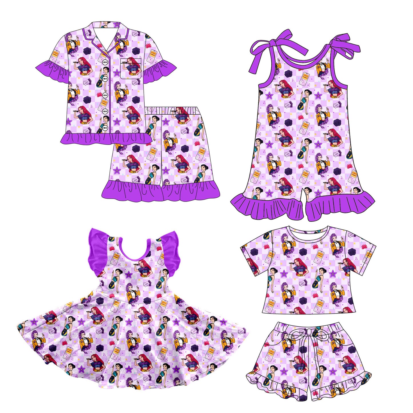 26.1.5 Custom MOQ:3 or 5 pcs each design milk silk Sibling baby girl clothes cartoon short sleeve shorts sets 2 and jumpsuit and dress