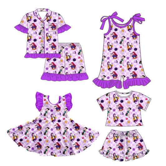 26.1.5 Custom MOQ:3 or 5 pcs each design milk silk Sibling baby girl clothes cartoon short sleeve shorts sets 2 and jumpsuit and dress