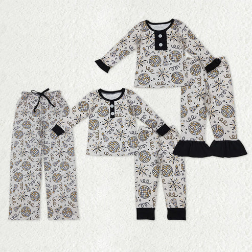 10.31 Mama and Me Fireworks Stars Button Ruffle Pants Happy New Year Pajamas Sets Pants With Belt
