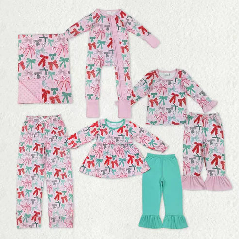 11.1 Family Sibling Colorful Bows Pajamas Clothes Sets Zipper Rompers Women Pants Blankets