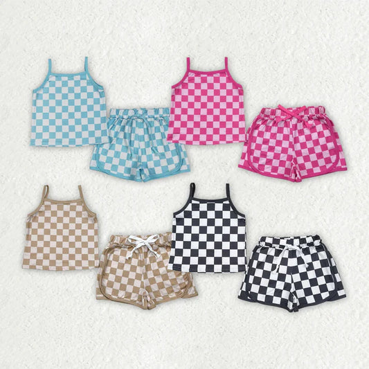 6.16 Sibling 4 Colors Baby Girls Strap Plaid Top Short Sports Sets