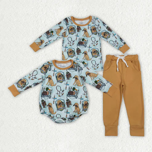 11.1 Sibling Baby Boys Dog Ducks Top Pockets Pant Hunting Clothes Sets Rompers