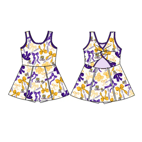 7.31  Custom Moq 5 Baby Girls Purple Yellow Bows LSU Tiger Shorts Team Knee Length Dresses