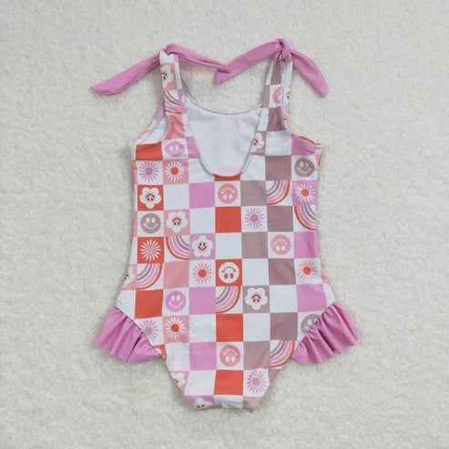 S0150 Flower rainbow pink and white plaid one-piece swimsuit