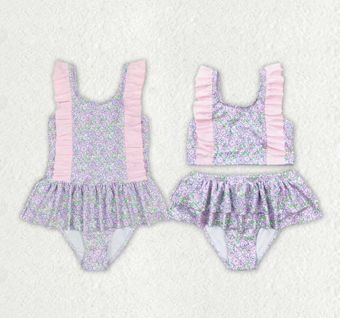 Baby Girls Summer Lavender Flowers Sibling Sister Swimsuits