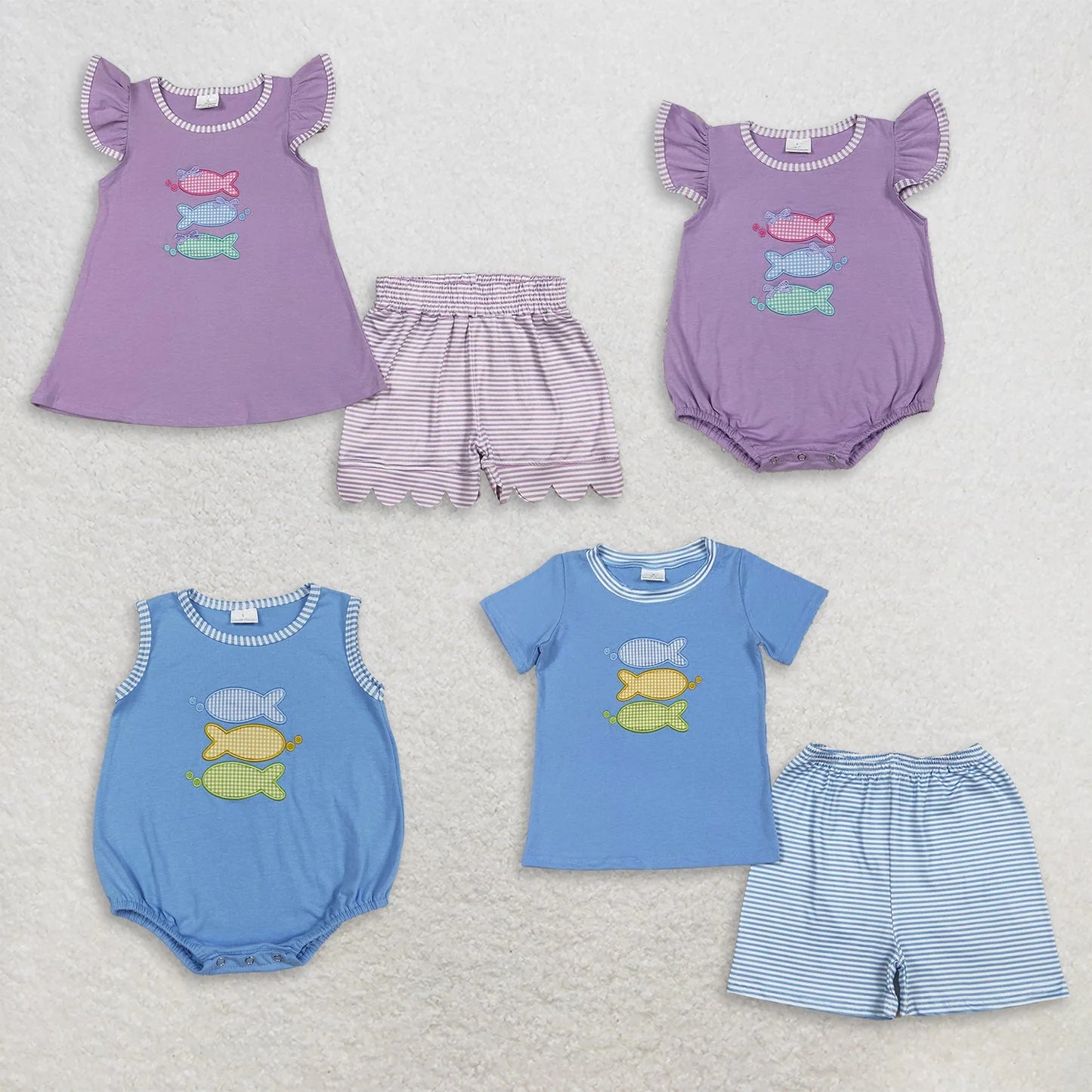 Baby Sibling Kids Embroidery Fishes Top Stripe Short Hunting Clothes Set Rompers
