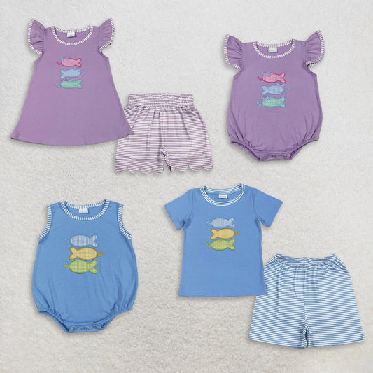 Baby Sibling Kids Embroidery Fishes Top Stripe Short Hunting Clothes Set Rompers