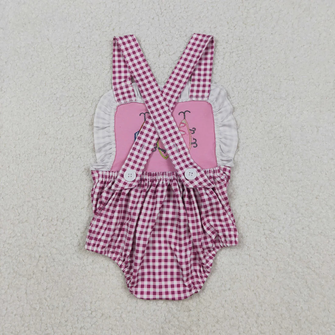 12.13 SR3414 Embroidery Fishing Baby Girls Pink Checked Strap Checked Hunting Ruffle Romper