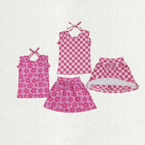 6.23 Sibling Baby Girls Pink Sleeveless Flowers Plaid Shirts Top Skorts Clothes Sets