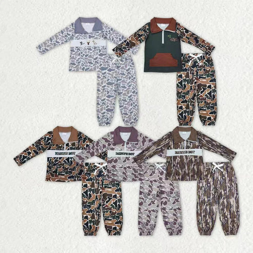 11.1 Sibling Baby Boys Camo Embroidery Mama's Boy Ducks Dogs Zipper Pullover Pockets Jogger Hunting Clothes Set
