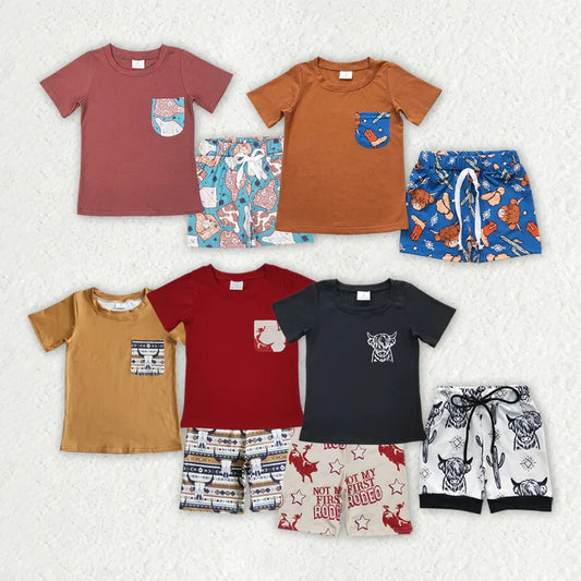 4.18 Sibling Baby Boys Western Cow Pocket Top Shorts Clothes Sets