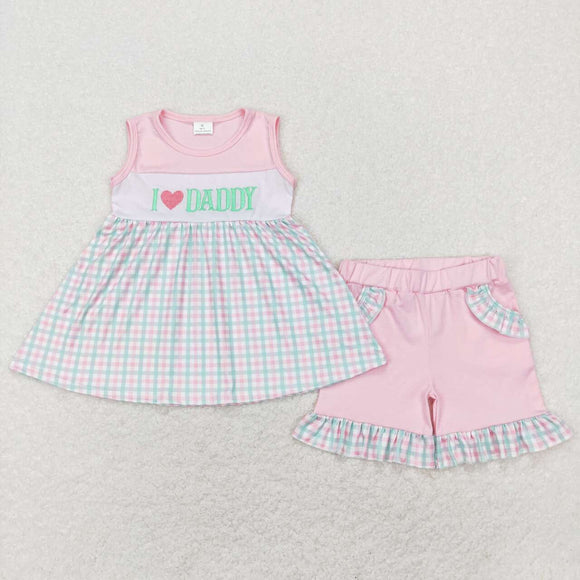 GSSO0441 I love daddy embroidered letter-pink blue plaid sleeveless shorts set