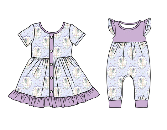 26.1.15 Custom MOQ:3 or 5 pcs each design milk silk Sibling baby girl clothes bunny bow short sleeve dress and romper