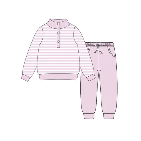 10.27 GLP3022 Baby Girls Light Pink Stripe Button Top Pockets Jogger Clothes Sets Preorder