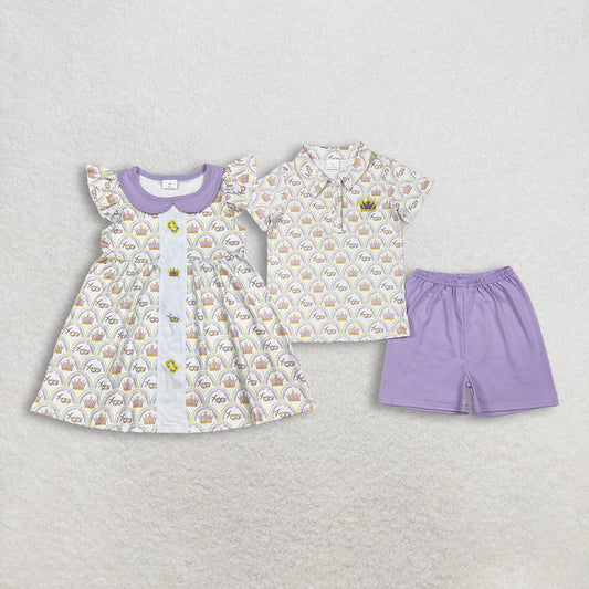 Sibling Baby Girls boys clothes embroidery mardi gras short sleeve shorts Clothes Sets and Dresses