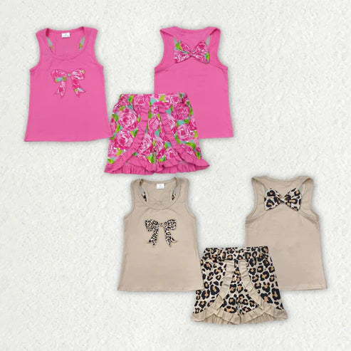 5.3 Sibling Embroidery Baby Girls Flower Bow Vest Top Ruffle Shorts Clothes Sets