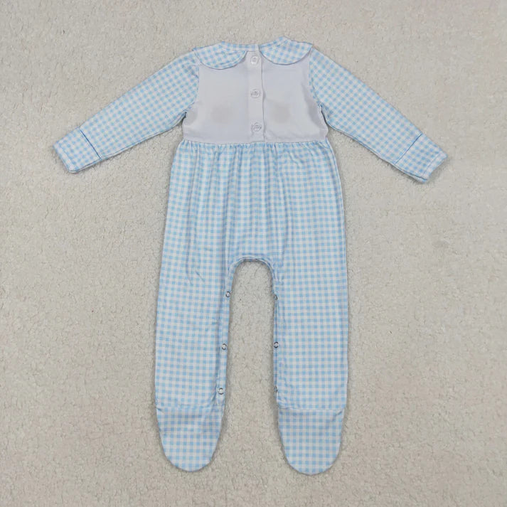 9.26 LR2561 Embroidery Baby Girls Light Blue Plaid Pumpkins Turkey Fall Footed Romper