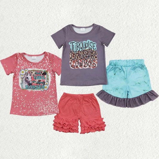 5.27 Sibling Baby Girls Western Horse Cowboy Shirts Ruffle Shorts Clothes Sets