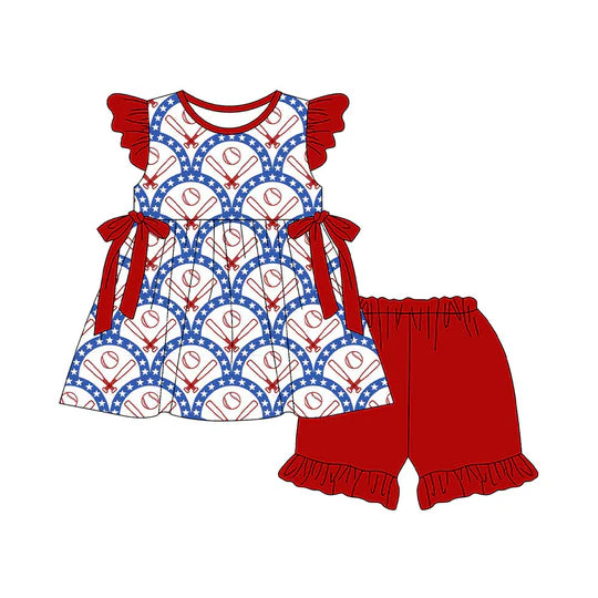 12.26 MOQ：5pcs GSSO3078 pre-order toddler girl clothes baseball print girl summer set