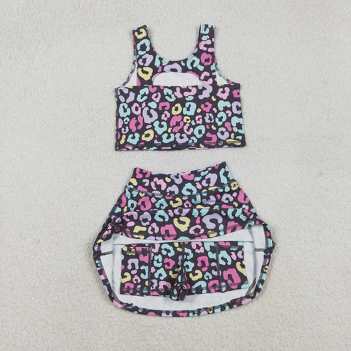 11.17 GSD2176 Baby Girls Purple Colorful Leopard Yoga Vest Skort Active Wear Set