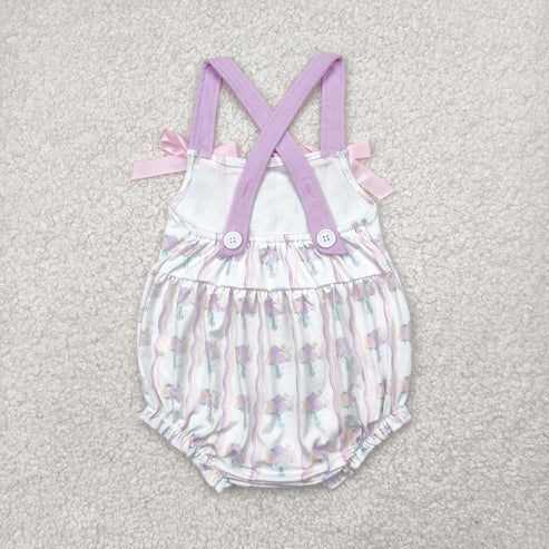 5.3  SR2961 Baby Infant Girls Hot Pink Bows Strap Floral Stripe Ruffle Romper