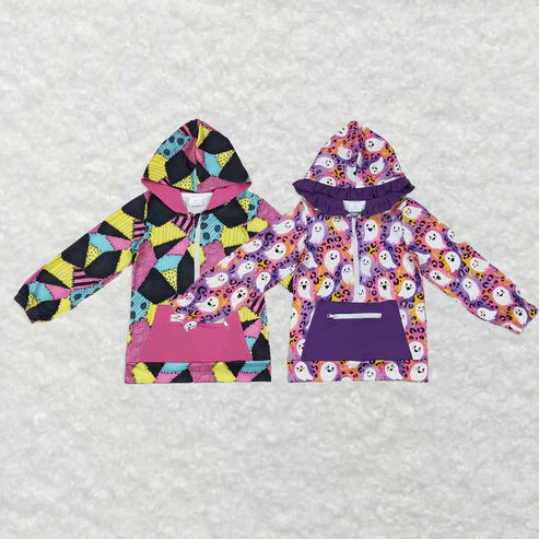 11.1 Sibling Baby Girls Colorful Patchwork Ghosts Pocket Zipper Halloween Hoodies Top