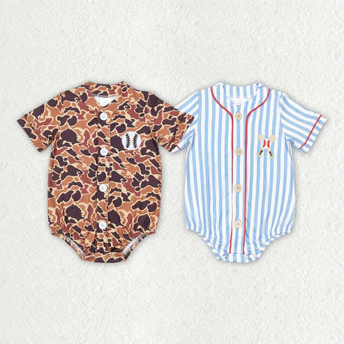 3.30 Sibling Baby Infant Boys Baseball Embroidery Buttons Short Sleeve Rompers