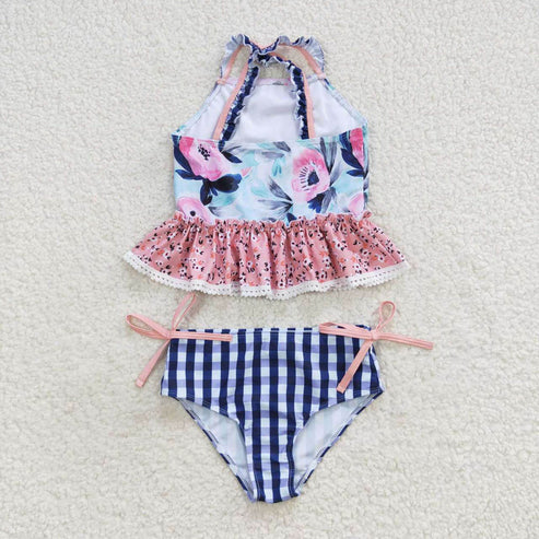 S0158 Floral Lace Lace Blue Plaid Swimsuit Set