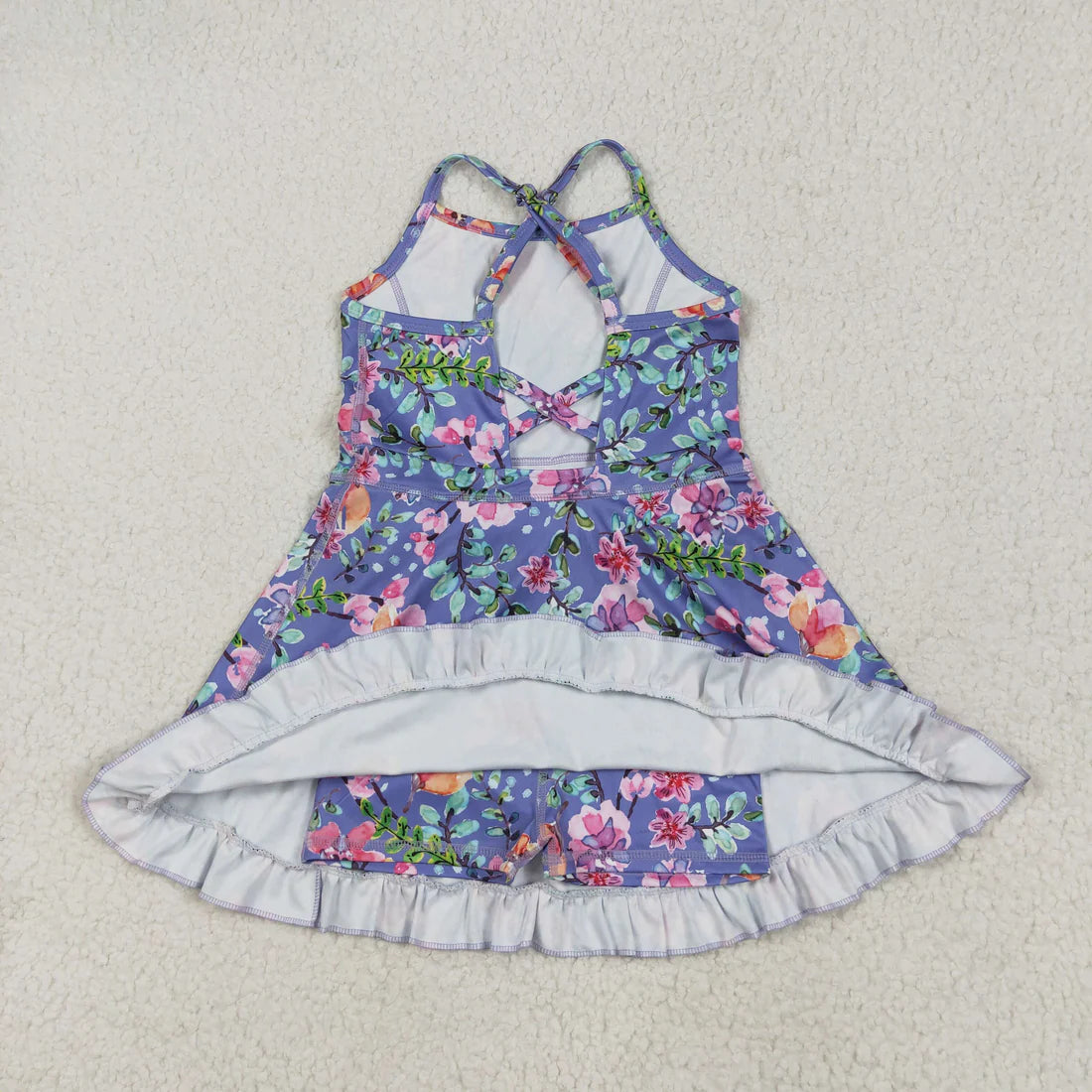6.2 GSD2279 Baby Girls Purple Strap Floral Yoga Ruffle Knee Length Dress