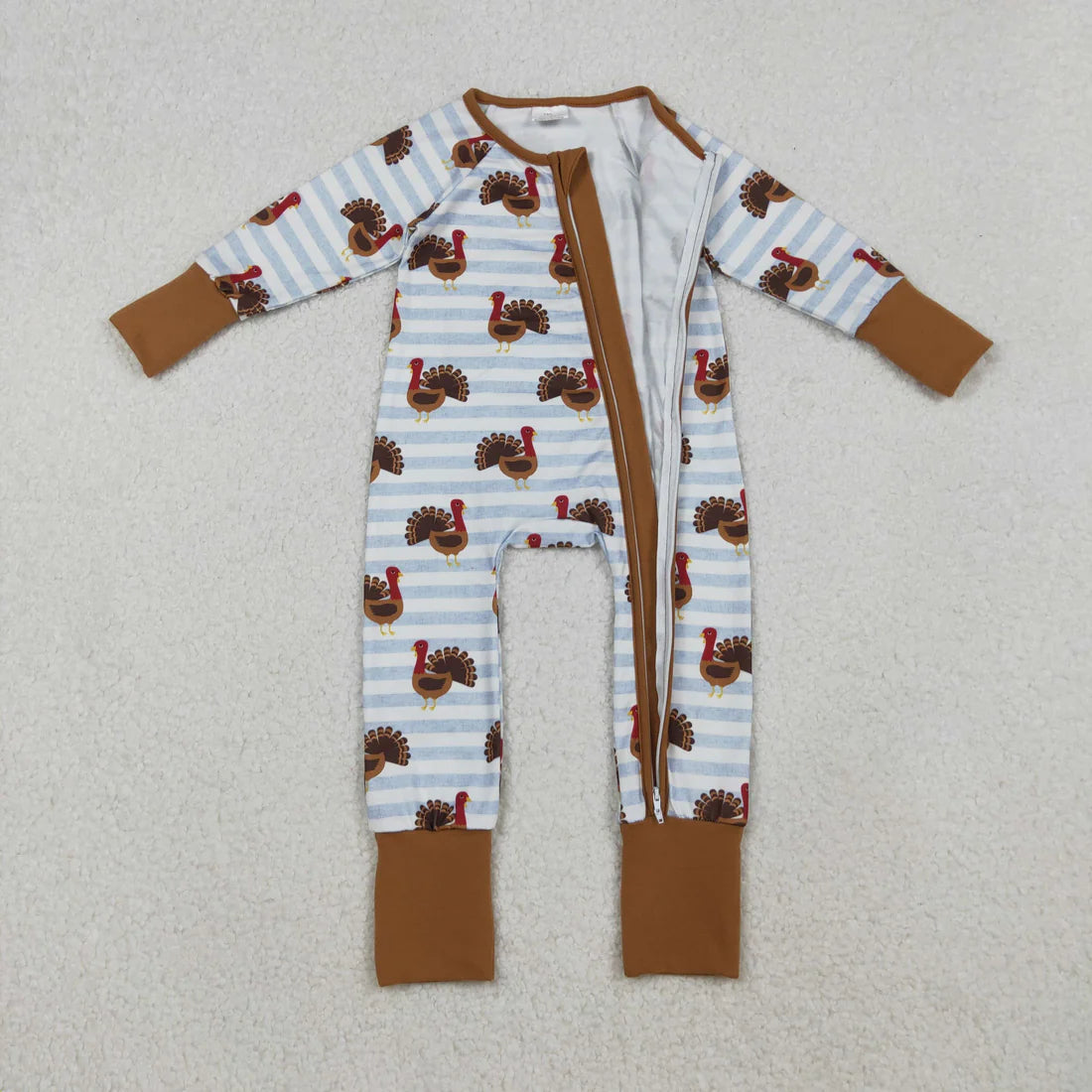 10.17 LR1191 Baby Infant Boys Thanksgiving Turkey Stripe Zipper Footie Romper
