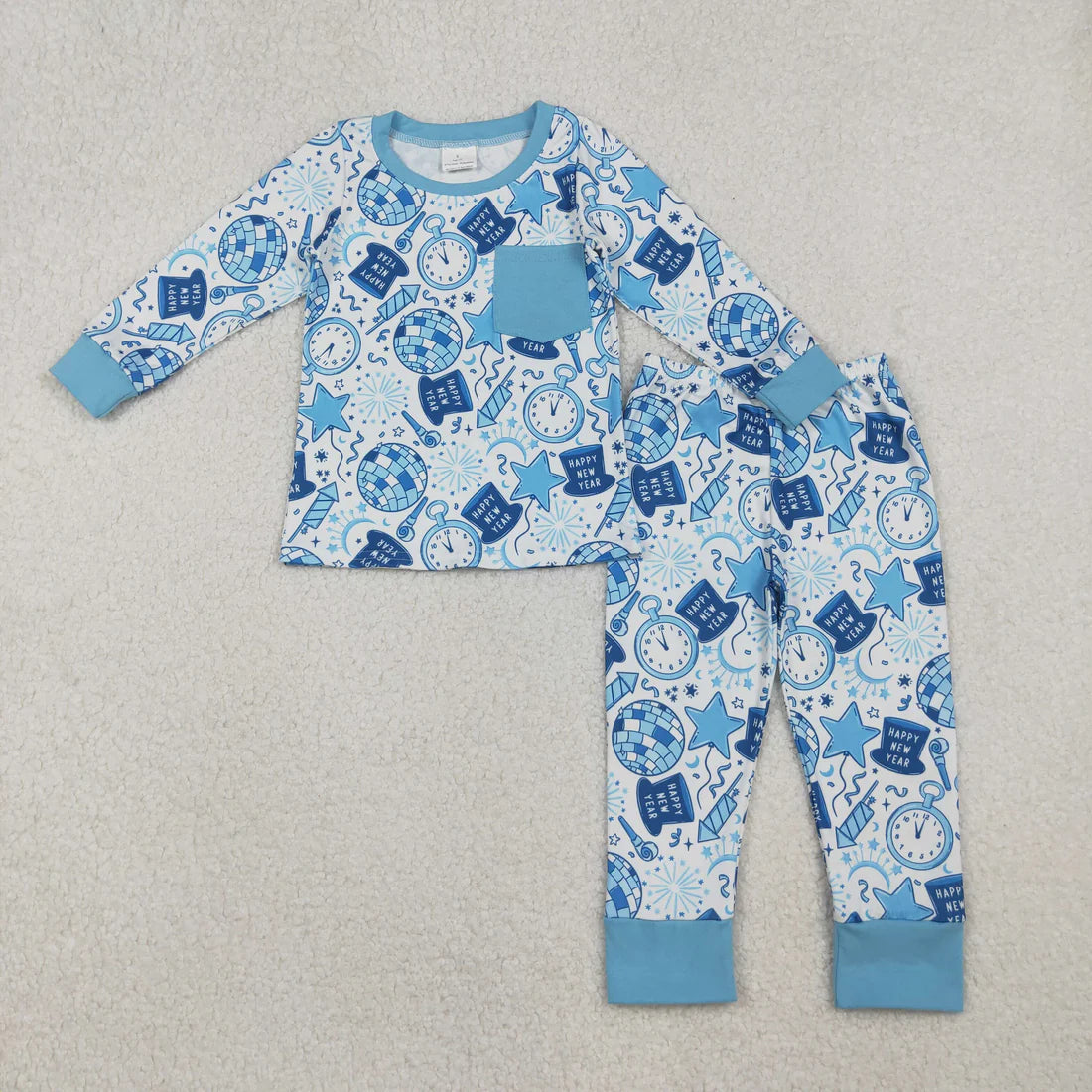 10.20 BLP1259 Baby Boys Light Blue Pocket Happy New Year Top Pant Pajamas Set
