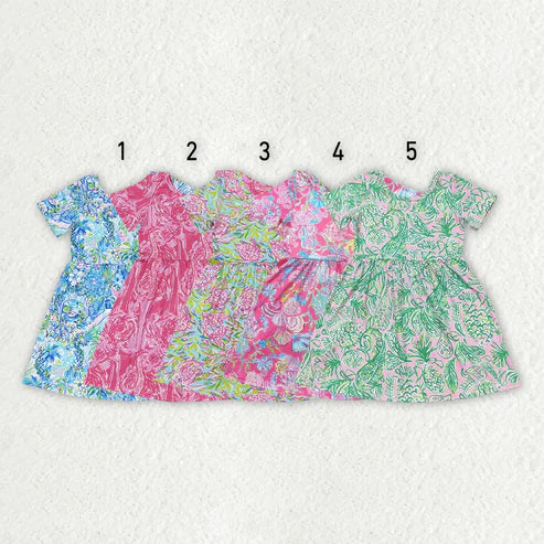 4.14 Sibling Baby Girls Sea Flowers Short Sleeve Knee Length Dresses