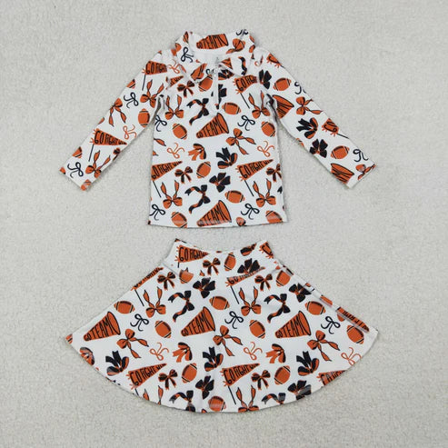 10.25 GLD1285 Baby Girls Orange Black Bows Go Team Yoga Zipper Pullovers Skorts Clothes Set