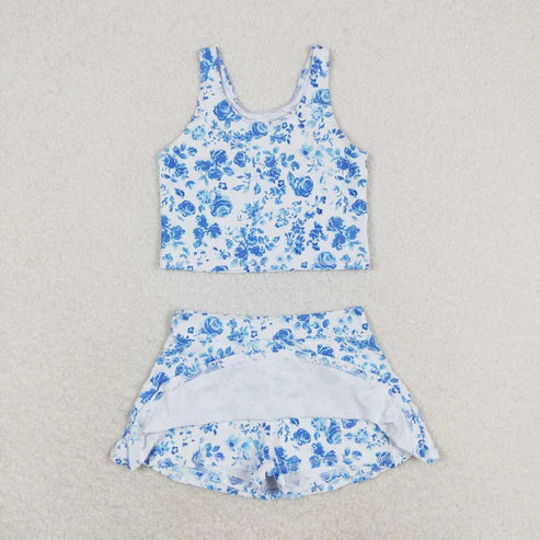 GSD0995 Girls summer Blue flowers white sleeveless pantsuit