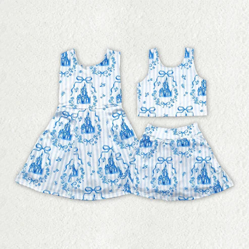 5.5  Sibling Baby Girls Blue Castles Athletic Active Wear Top Shorts Skirts Outfits Knee Length Dresses