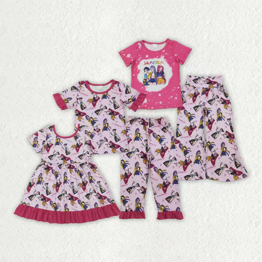 12.11 Sibling Baby Girls Pink Demon Hunter Top Flare Pants Pajamas Clothes Sets Ruffle Knee Length Dresses
