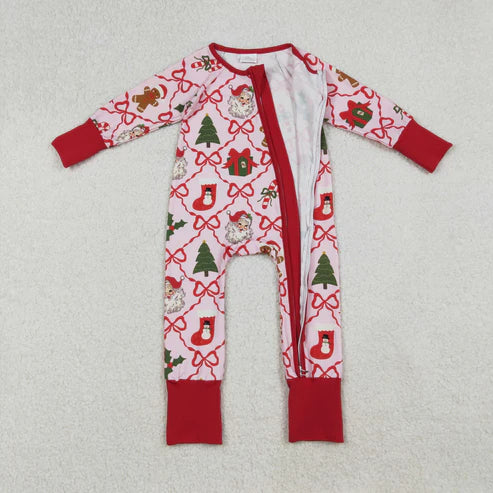 9.29 LR2632 Baby Girls Red Bows Santa Gifts Plaid Christmas Zipper Footie Romper