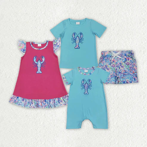 8.16 Sibling Embroidery Baby Boys Girls Floeal Crayfish Sumoer Clothes Sets Dress Rompers