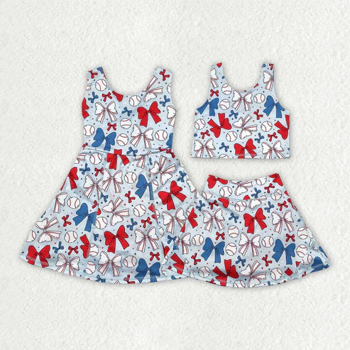 5.5  Sibling Baby Girls Baseball 4th Of July Yoga Active Wear Vest Skort Sets Knee Length Dresses