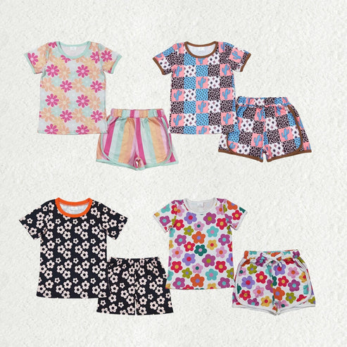 5.15 Sibling Baby Girls Flowers Plaid Tee Shirts Shorts Summer Clothes Sets