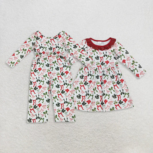 9.4  Sibling Baby Girls Christmas Green Red Bows Pockets Jumpsuits Knee Length Dress